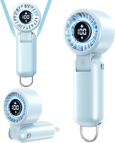 Ventilador turbo portátil de mano, ventilador personal plegable con pantalla LED, 5 velocidades, cordón, recargable por USB, fuerte flujo de aire,