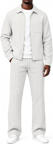 Mens Waffle Sweat Suits 2 Piece Set Zip Up Jacket & Straight