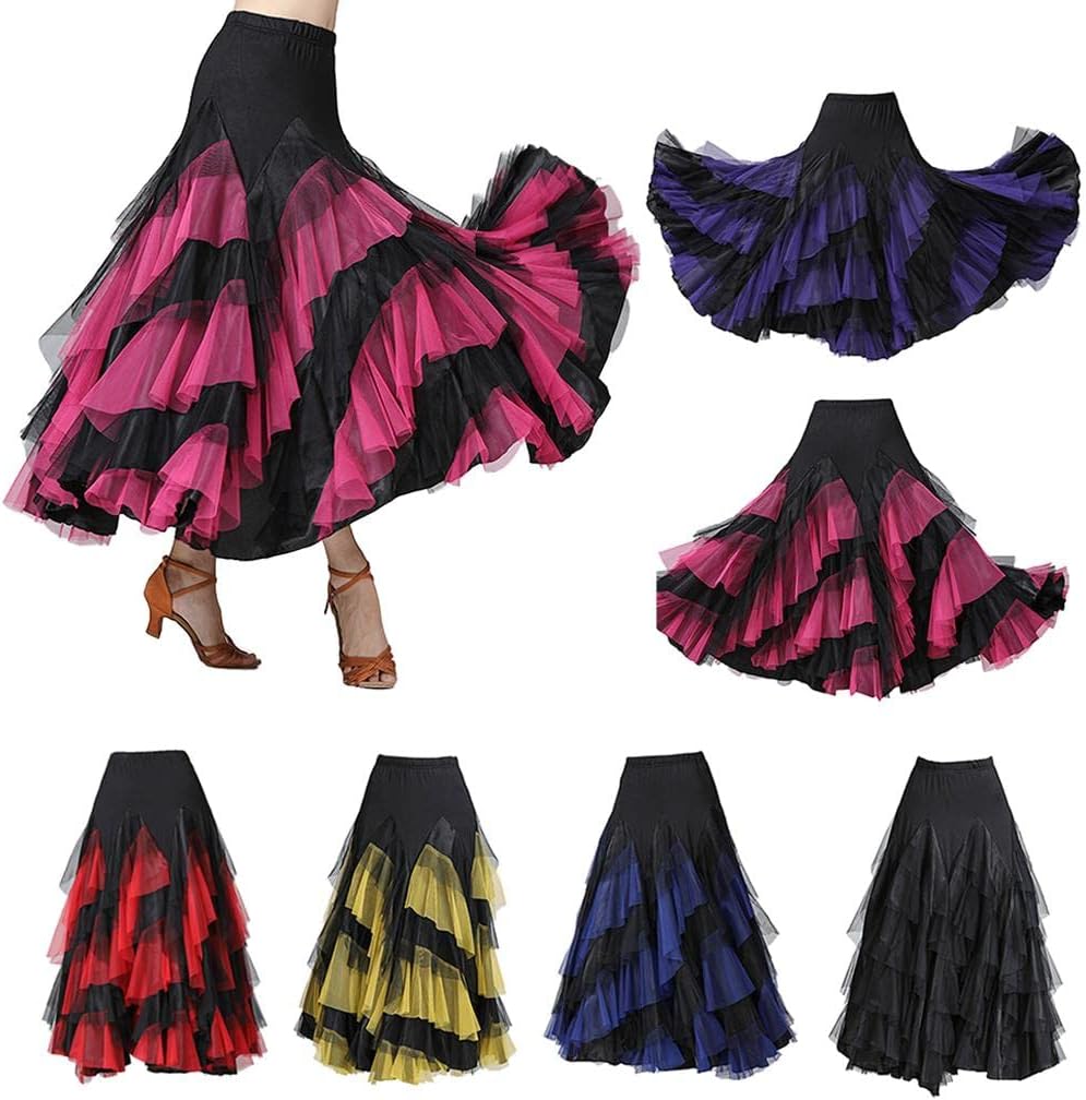 Latin Ballroom Dance Long Training Skirt Rumba Dress, Black Red, as described