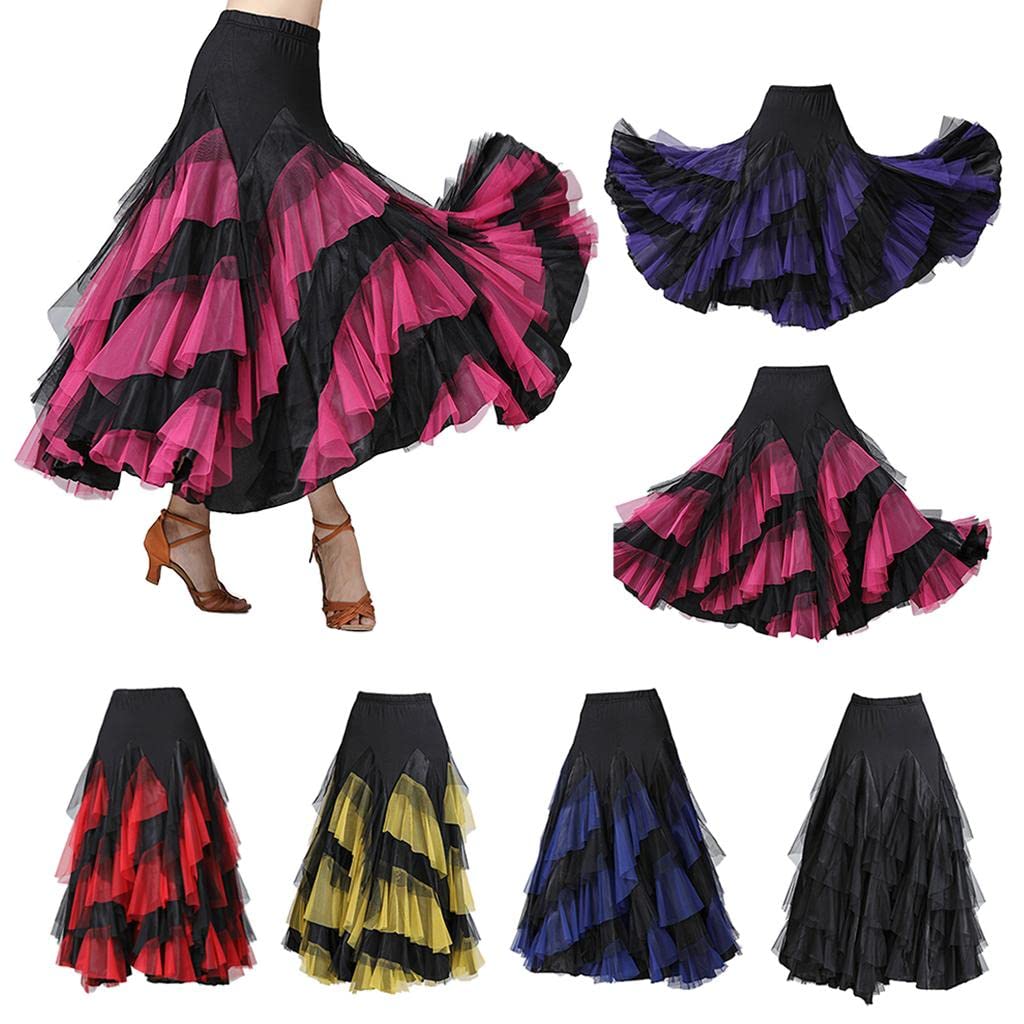 Oshhni Latein Tanzkleid Damen Tanzkostüm Mesh Patchwork Mehrlagiger Tüllrock Cha Cha Kleid Flamenco Skirt Milchseide Bund für Tanzkurs