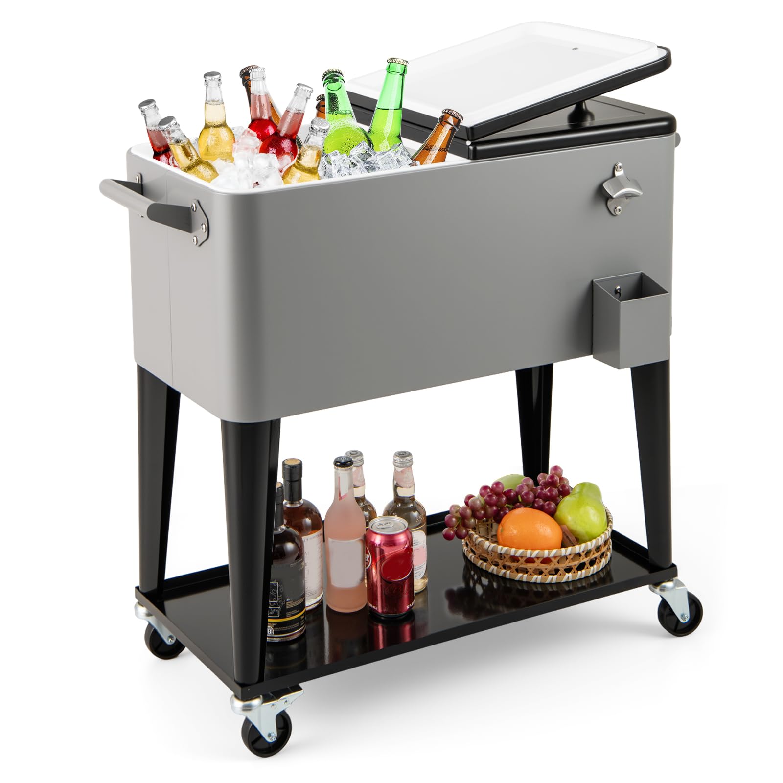 COSTWAY 75L Rolling Ice Chest, Portable Patio Beverage Cooler Cart with Bottle Opener and Wheels, Outdoor BBQ Bar Party Drink Ice Bucket Trolley (Black + Grey, with Shelf)