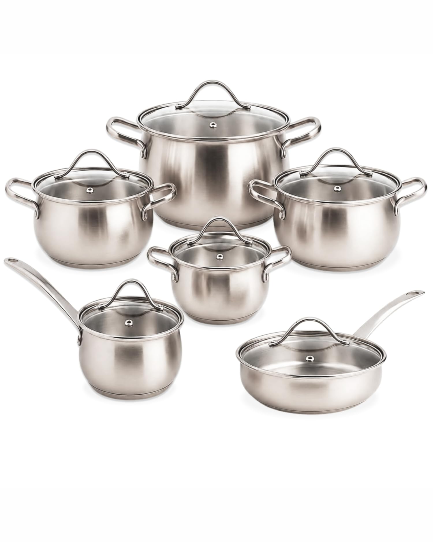 BAVARY - Set di 12 padelle e padelle in acciaio inox 18/10, pentole e padelle, per tutti i piani cottura, casseruola grande, set di pentole Supercapsule in acciaio inox, padella con coperchio, pentole