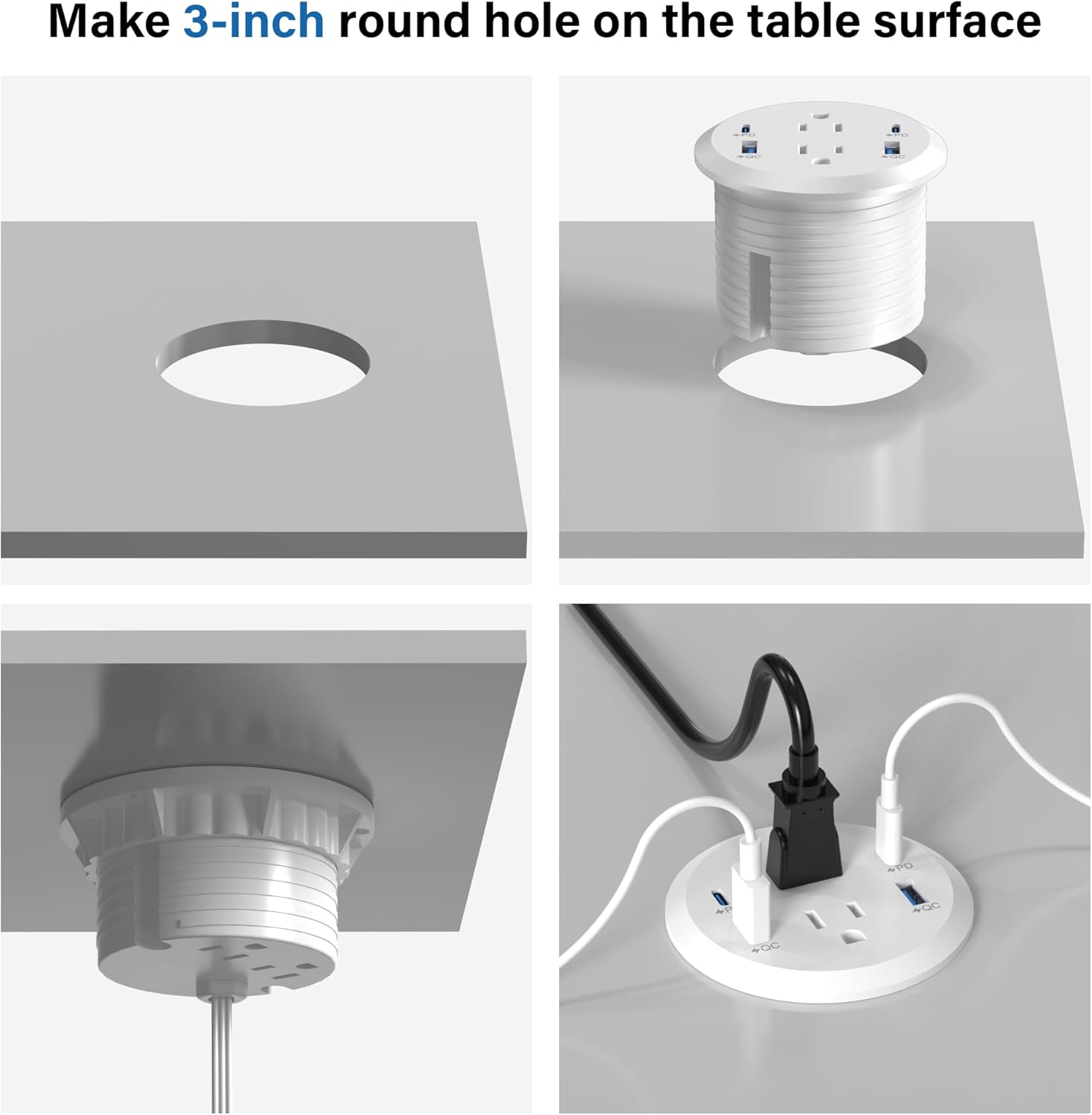 Jgstkcity Power Strip,Flush Mount Recessed Power Grommet,65W USB C Fast Charging,3-Inch Hole, 4 Outlets & 4 Ports, Ideal for Desktop & Countertop Outlet,Dual-Sided (White, 6FT) (Pack of 2)