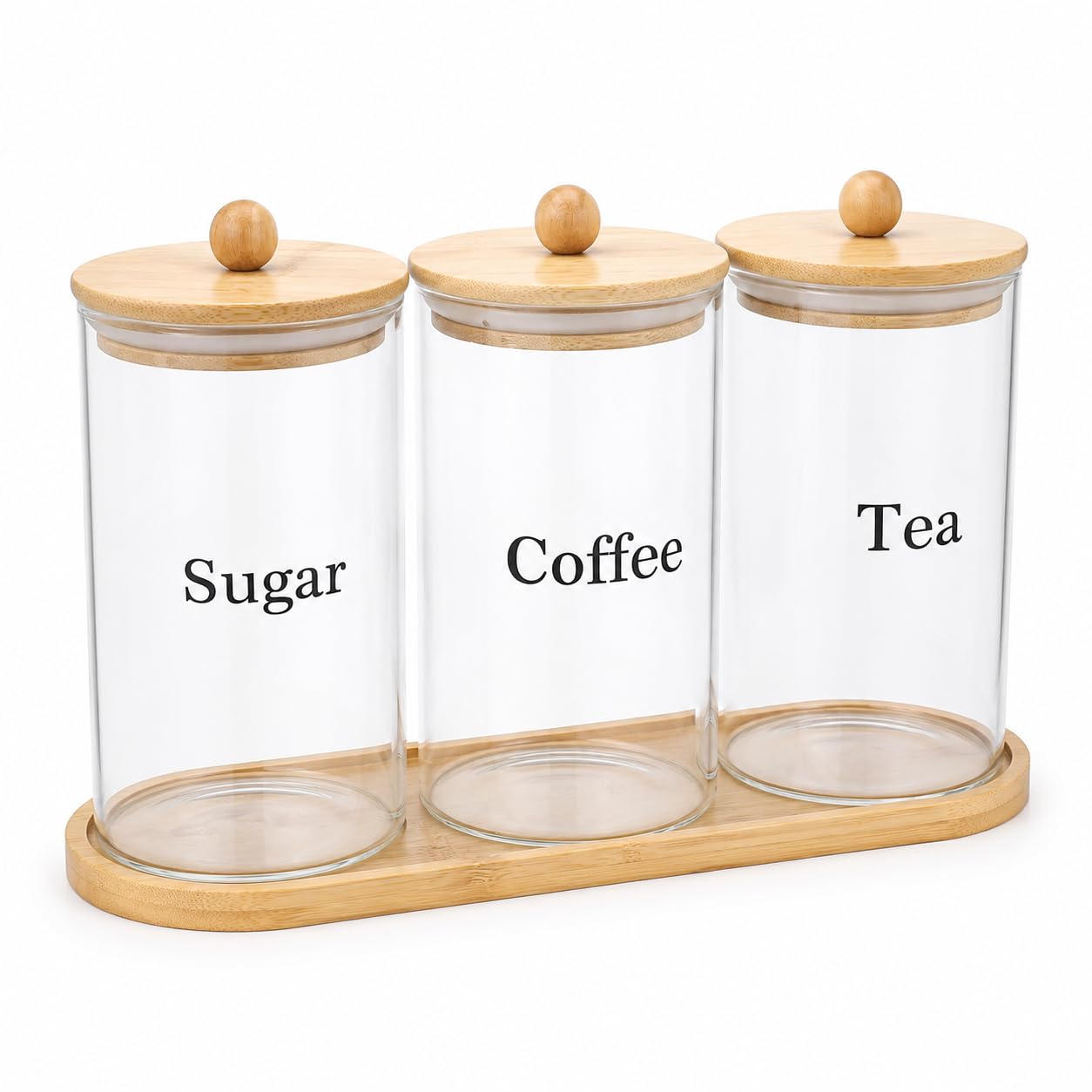 Xbopetda Tea Coffee and Sugar Canisters Set, Glass Jars with Lids Knob, Airtight Tea Coffee Sugar Canisters with Wooden Tray, Food Storage Container for Kitchen Pantry Organization and Storage - Clear