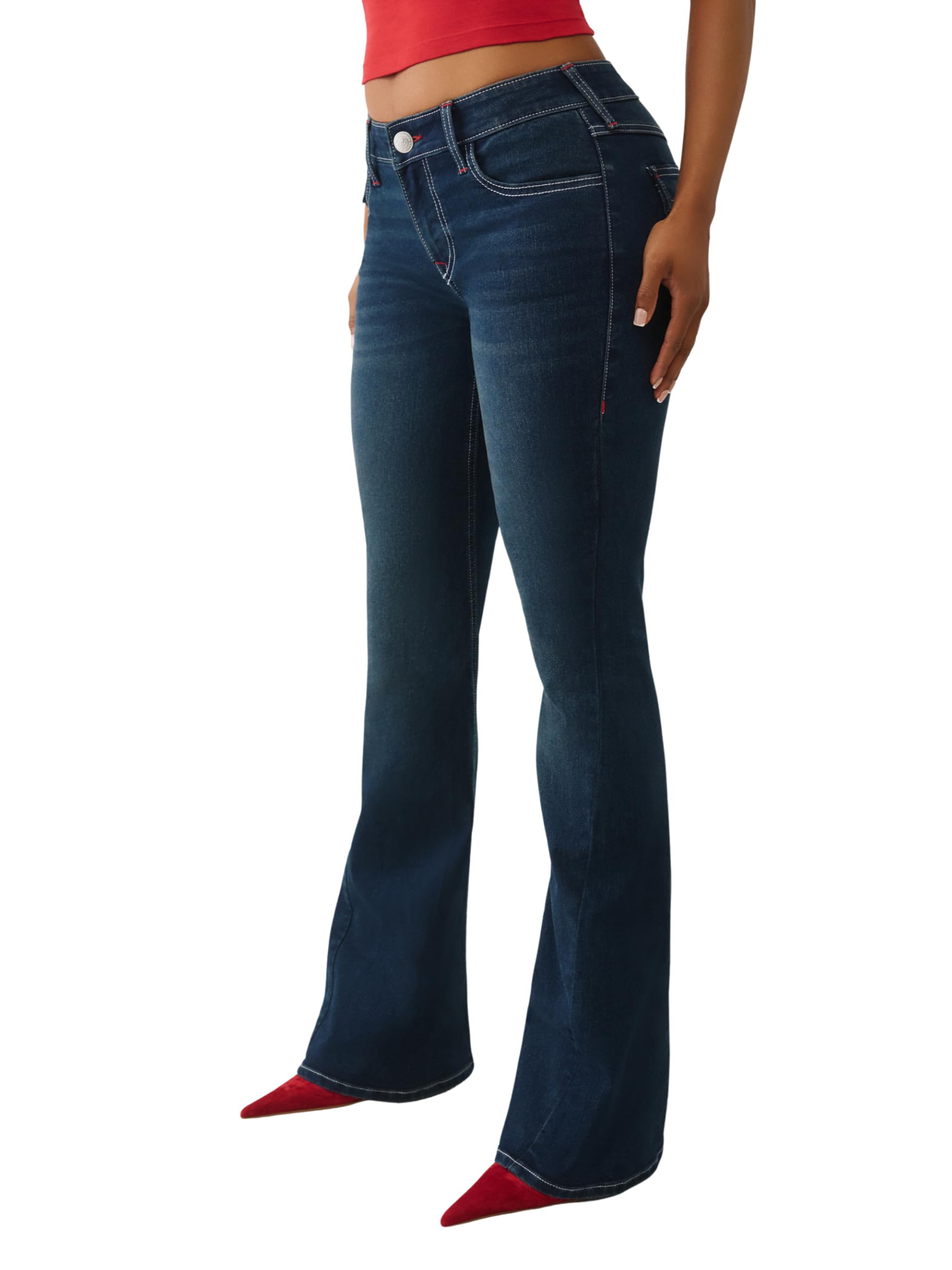 True Religion Damen Joey Single Needle Mid Rise Flap Flare Jeans