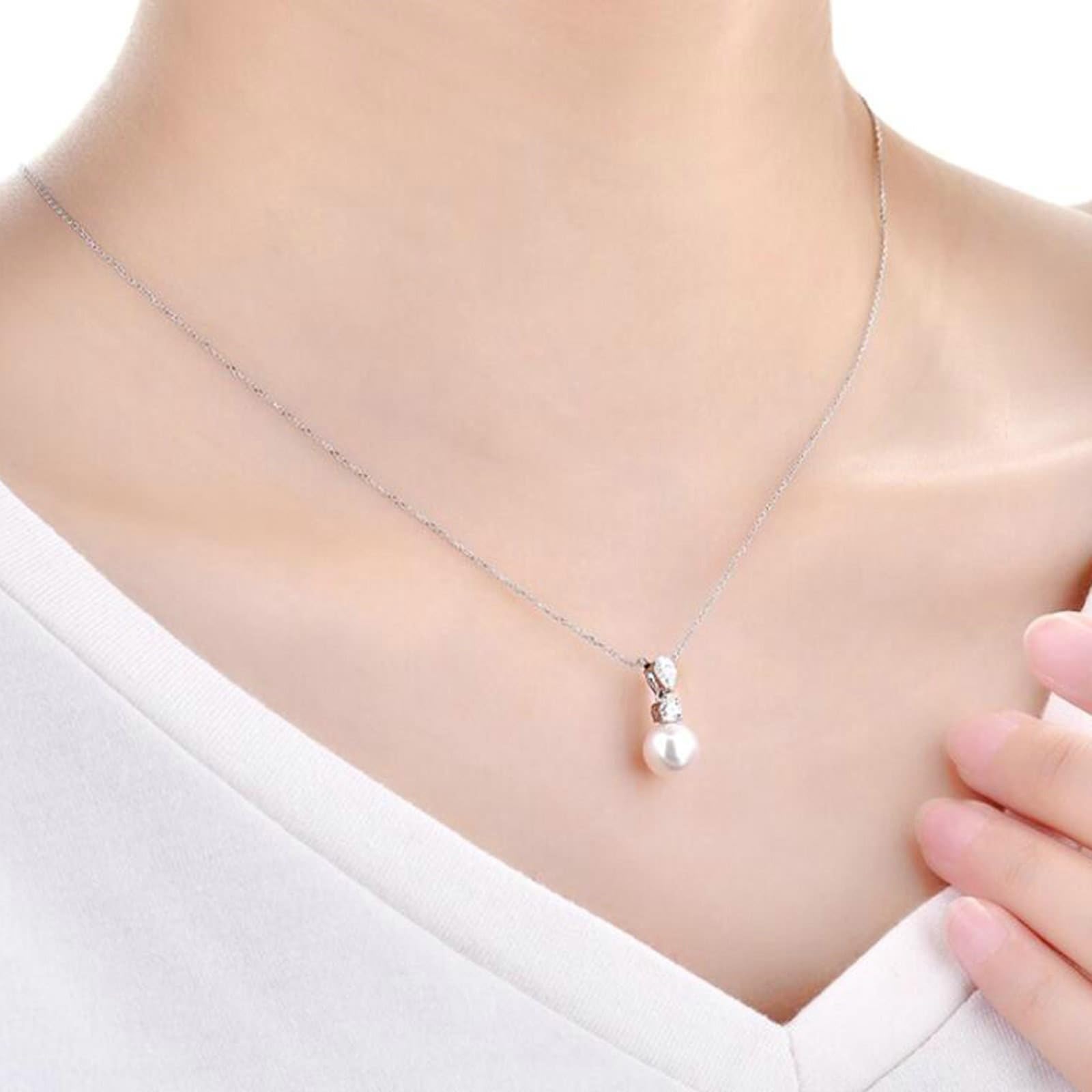 Epinki Prawdziwy złoty łańcuszek damski wisiorek 9K / 14K / 18K białe złoto, 7,5-8 mm wisiorek damski naszyjniki z perłą szlifem okrągłym, łańcuszek damski z moissanit Au 750/585/375, 45 cm