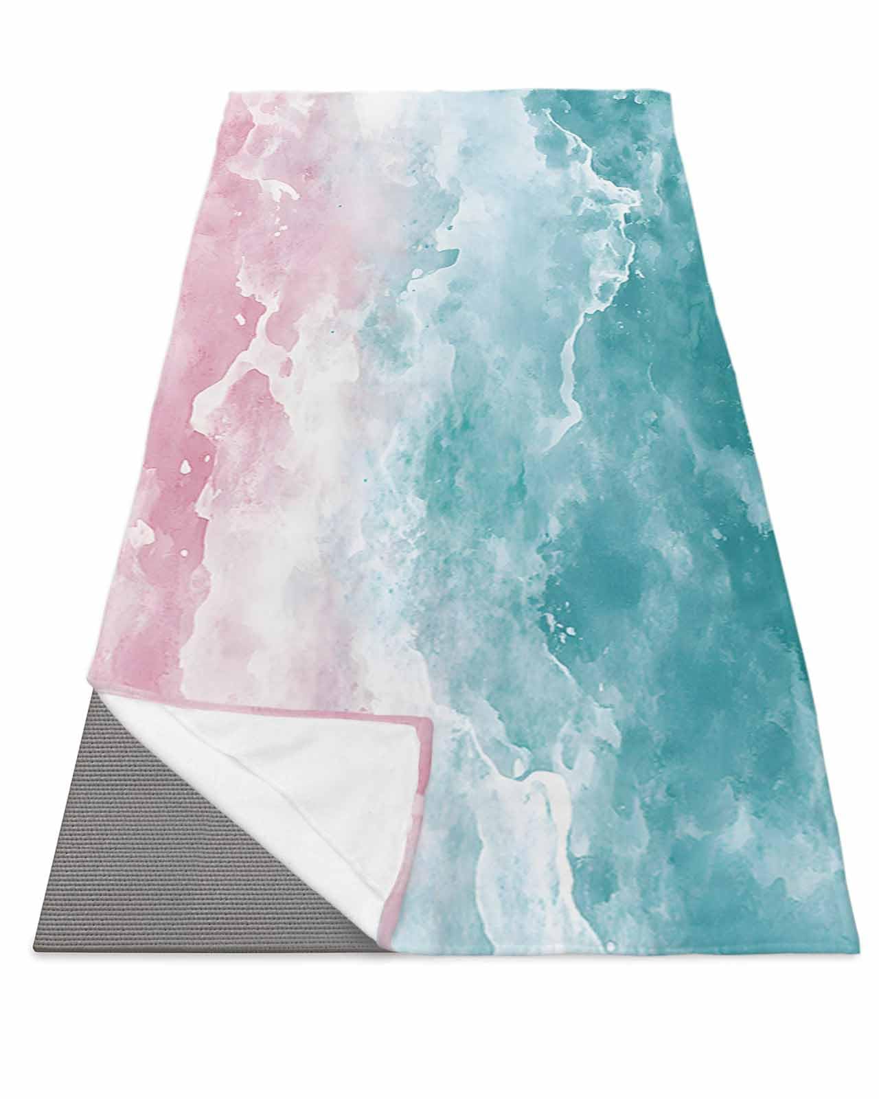 BOSIJOY Yoga Mat Towel,Minimalist Teal Pink Gradient Art Non Slip Sweat Absorbent Hot Yoga Towels with Corner Pockets,Abstract Ocean Wave Spray Soft Microfiber Towel for Pilates Bikram 74