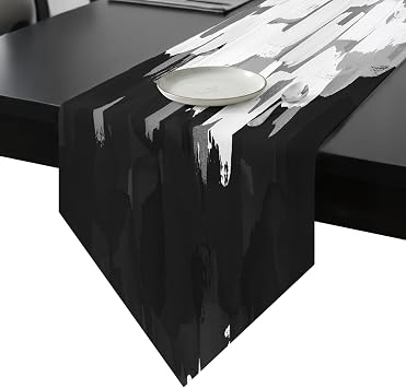Abstract Black and White Graffiti Table Runner,Modern Oil Painting Art Cotton Linen Table Runners Dresser Scarves for Party,Dining Table,Wedding,Banquet,Home Decor,13x60in
