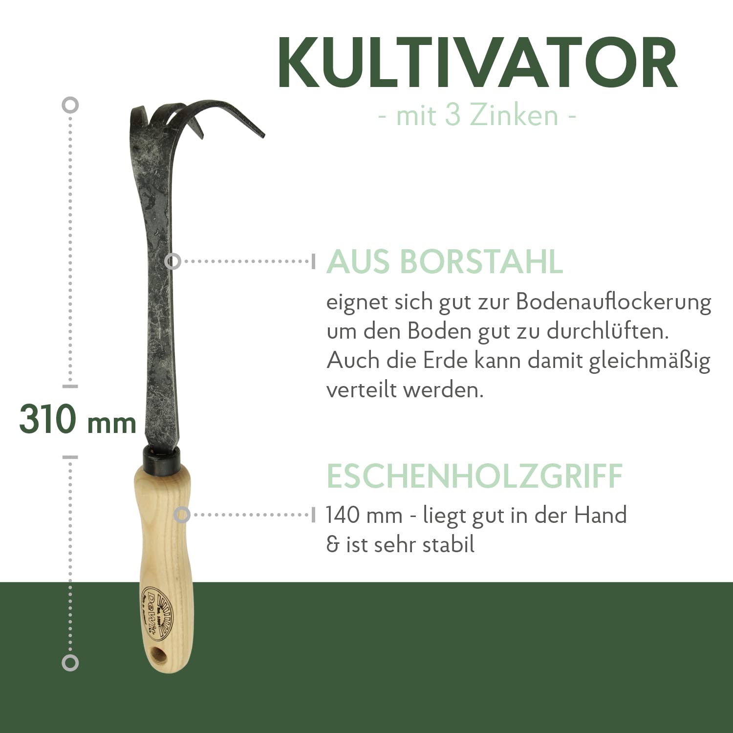 DeWit Hand-Kultivator 31 cm I Profi Grubber aus Borstahl mit 3 Zinken I Premium Garten-Zubehör zum Boden auflockern I Handgemachtes Gartenwerkzeug in Bester Qualität I Garden Tools – Made in Holland