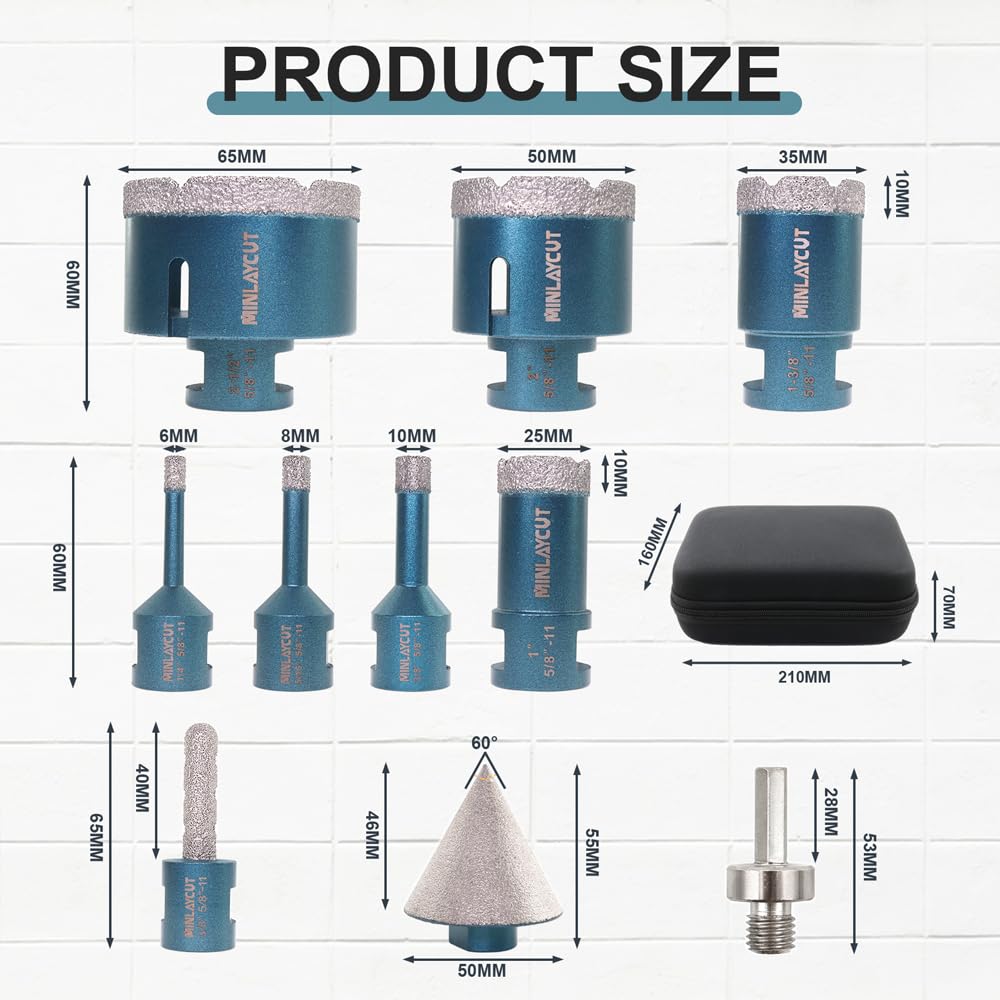 Diamond Core Drill Bits Set - 10pcs Tile Hole Saw Kit 6/8/10/25/35/50/65mm with 2" Diamond Beveling Chamfer Bits for Porcelain Ceramic Tile Granite Marble