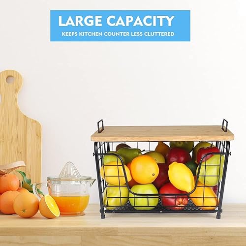 Miniatura 5 de Cesta de frutas, organizador apilable para encimera, cesta de alambre con tapa superior de bambú, cesta de verduras para mostrador, soporte para pan