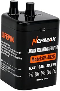 6 Volt 6Ah Lithium LiFePO4 Heavy Duty Lantern Battery, 2000 Cycles Rechargeable Lithium Iron Phosphate Battery for 4R25 Lantern(Spring S2 Terminals)