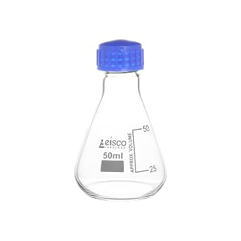 EISCO Erlenmeyer Flask, 50ml - Borosilicate Glass - with PTFE Screw Cap - Conical Shape - White Graduations