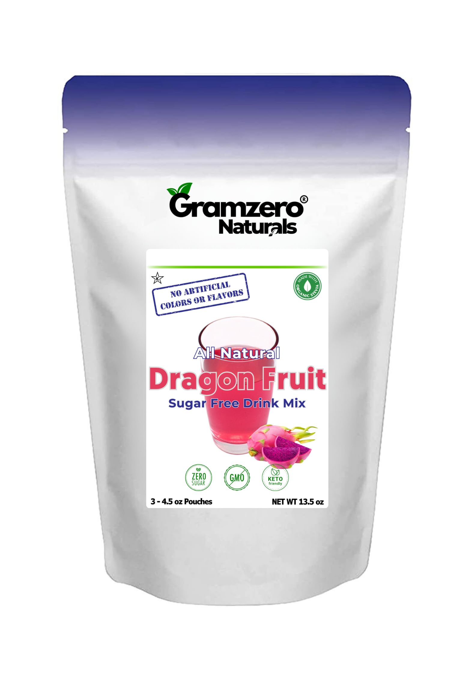 GramZero All Natural Dragon Fruit Zero Calorie Sugar Free Drink Mix, Great For Nutrition Club Loaded Tea, Stevia Sweetened