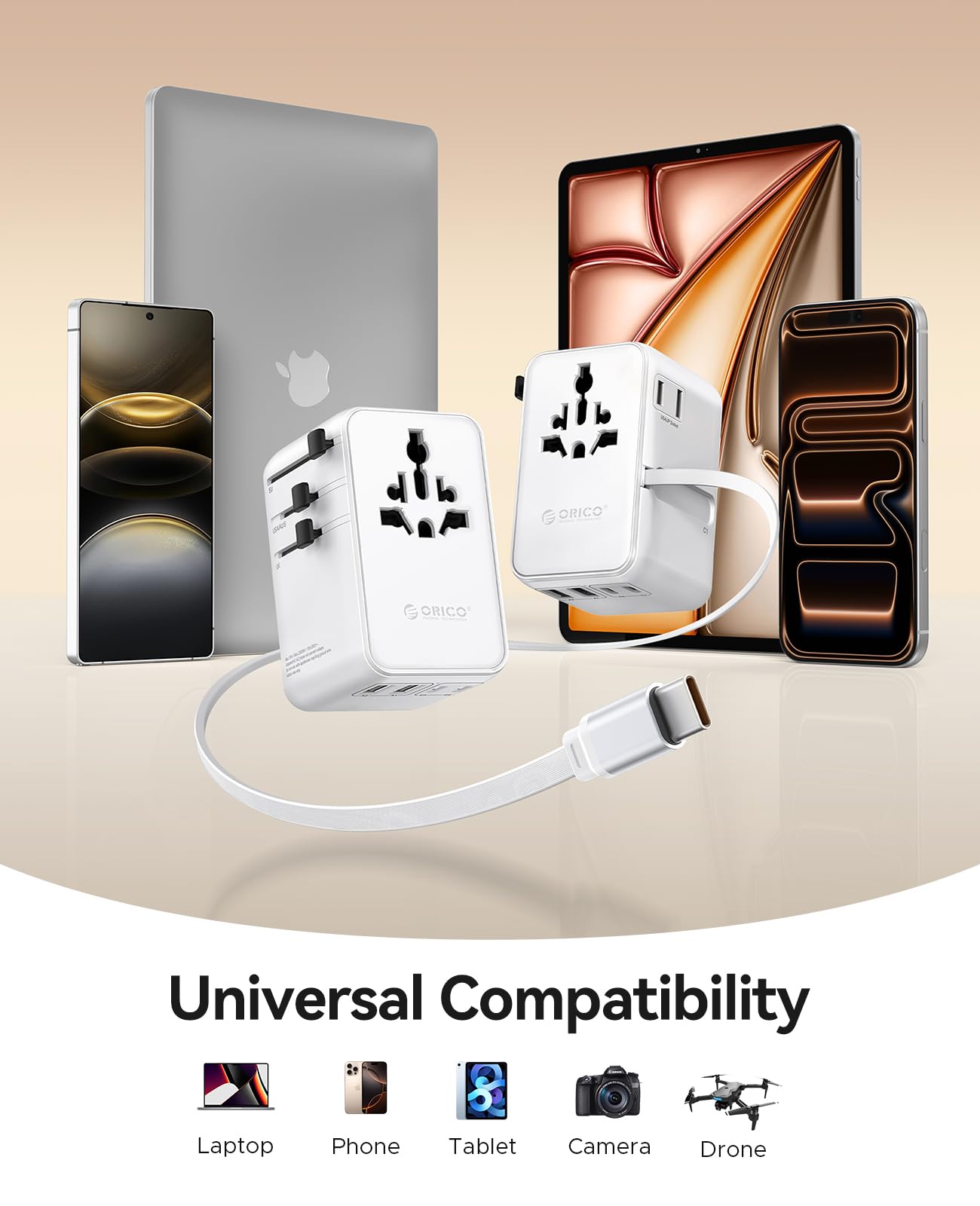 ORICO Uniwersalny adapter wtyczkowy 100W GaN3 z 3 portami USB-C i 2 USB-A, uniwersalny adapter podróżny do Francji na UE, angielski, USA, AU, Chiny, Japonia, Tajlandia - UAX (biały)