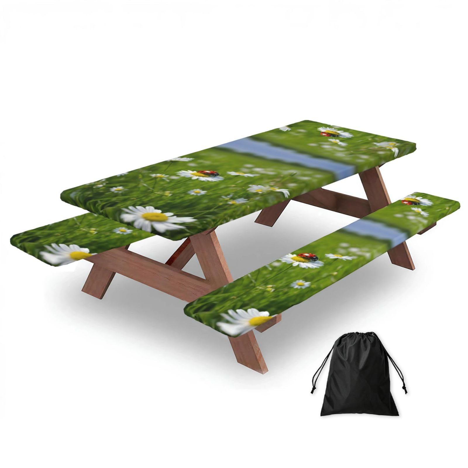 Zyjhyy Black Ladybug Daisy Print 3 Pack Wipeable Picnic Bench Cover And Table Cover Lightweight Table Cloth For Camping Outdoor