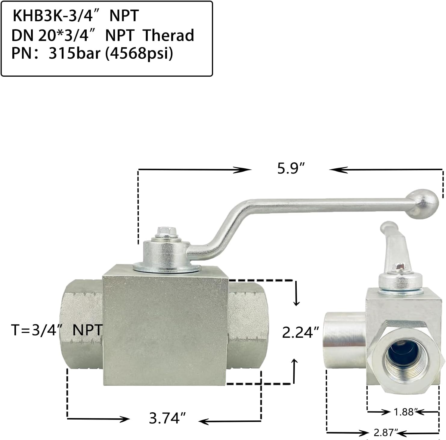 Autovo Hydraulic Valve 3/4 Inch 4568 PSI High Pressure, Shut-Off 3 Way Hydraulic Ball Valve KHB 3/4" NPT