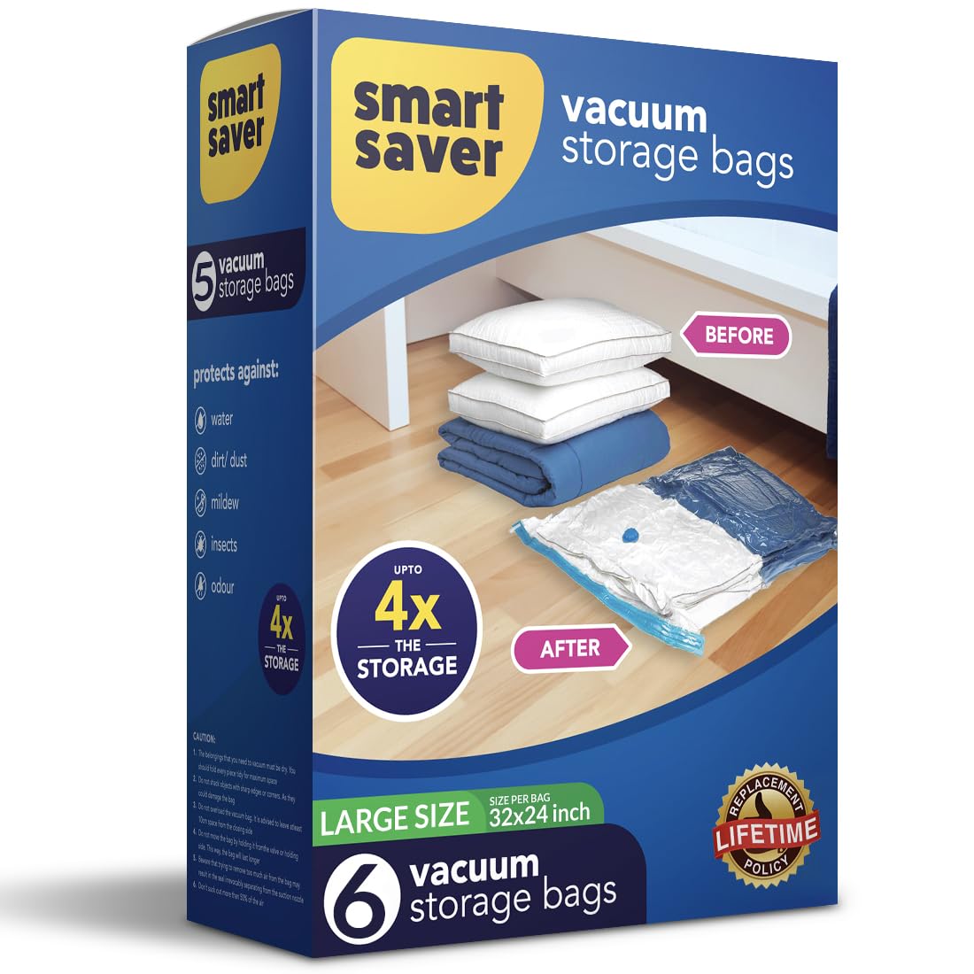 Smart Saver Polyethylene 6 Large Vacuum Space Saver Bags Compression Storage Bags for Clothes, Bedding, Blankets travel, Sealed Airtight Reusable Packing Ziplock Bag Size-(60x80cm, Transparent)