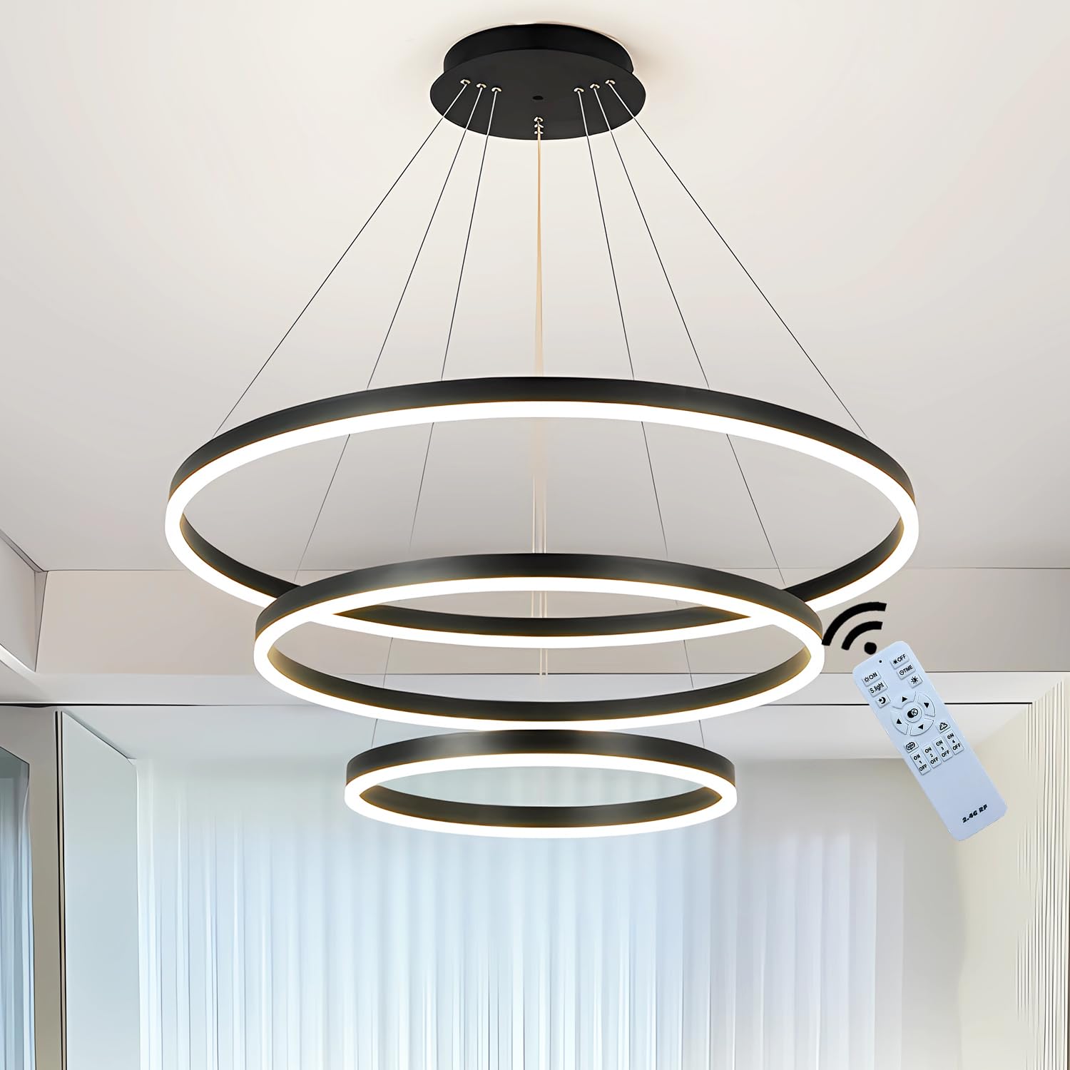 J.SUNUN Led Ceiling Lighting Modern 3 Rings Pendant Light 90W 4500LM Dimmable with Remote Control 3 Color Round Metal LED Chandelier for Living Room Bedrooms Dining Room Office Black 40+60+80CM