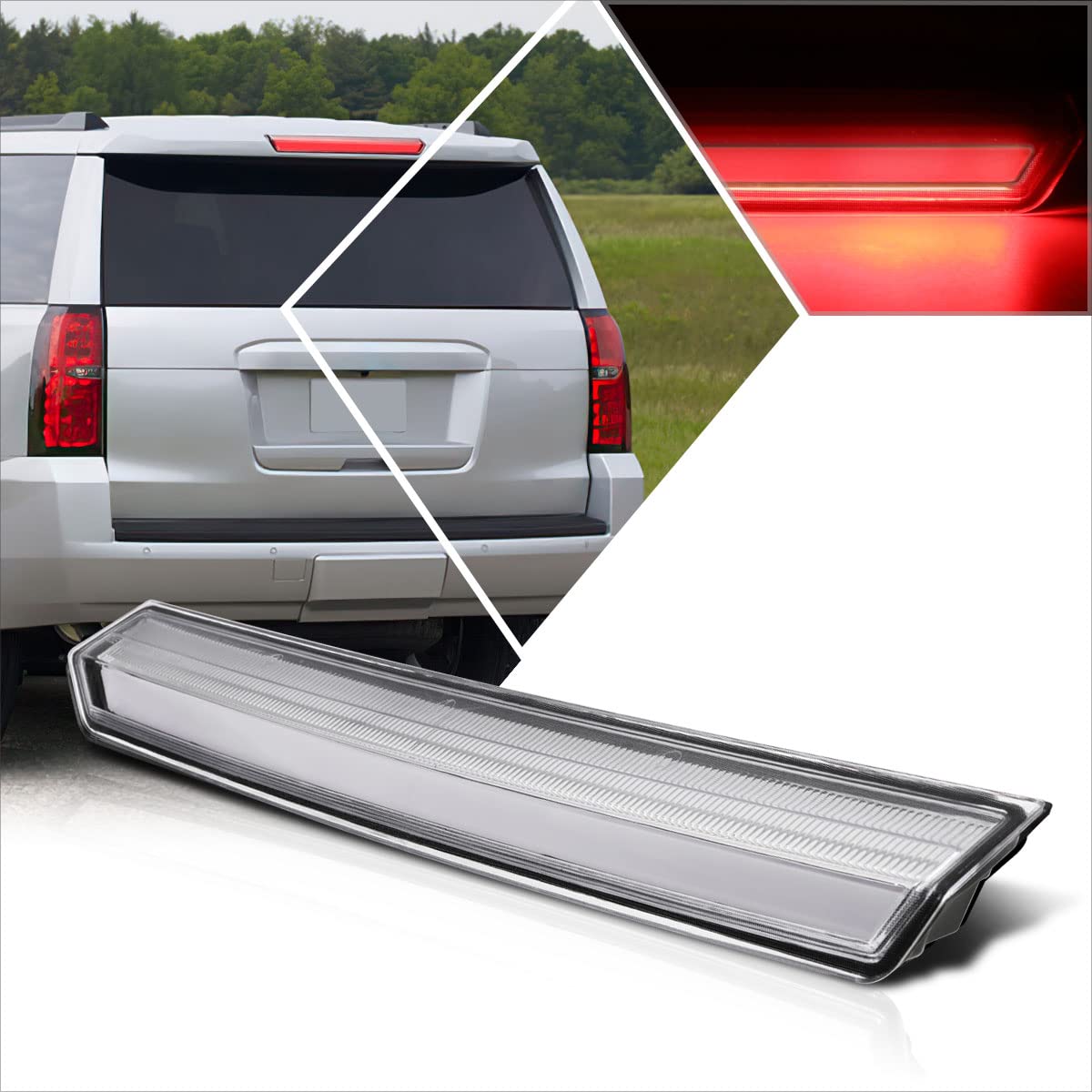 PM PERFORMOTOR 3D LED 3rd Third Brake Light High Mount Stop Light Compatible with 15-20 Chevy Suburban Tahoe,Chrome Housing/Clear Lens