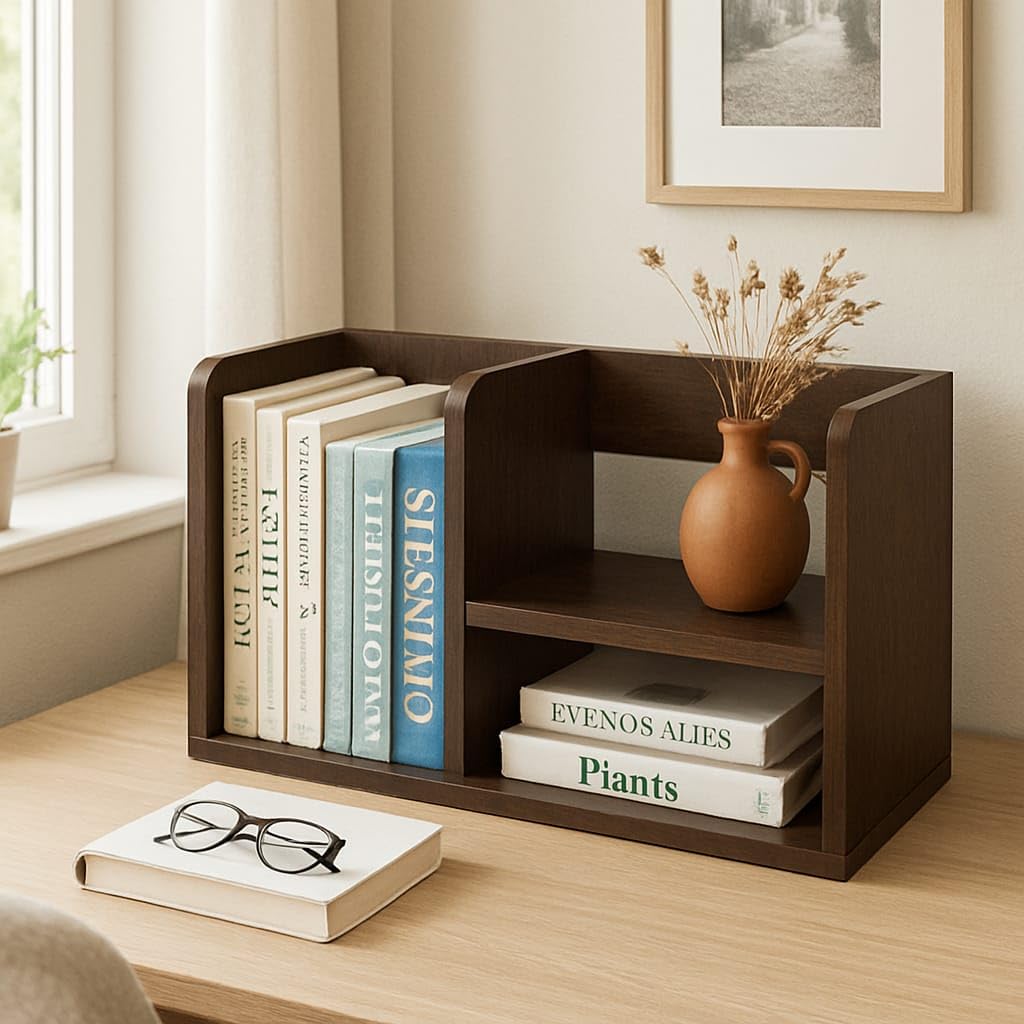 Desktop Wooden Bookshelf, Table Top Book Organizer, Small Display Rack for Home, Brown | Wooden Book Shelf for Home, Office Table | Kitchen Corner Stand, Book self for Students | 18x8x10 inch