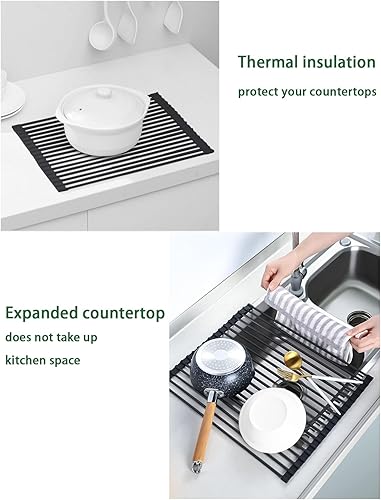 Miniatura 5 de Escurridor de platos enrollable de 20.5 x 13 pulgadas, acero inoxidable con escurridor envuelto en silicona, tapete plegable para fregadero para