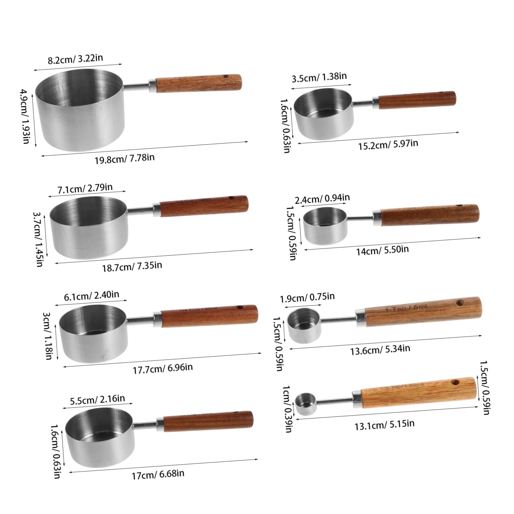 Cuillères et Tasses à Mesurer Poignée en Bois Set de 8 en Acier Inoxydable et Entretien Facile Mesures Précises Pâtisserie Professionnelle