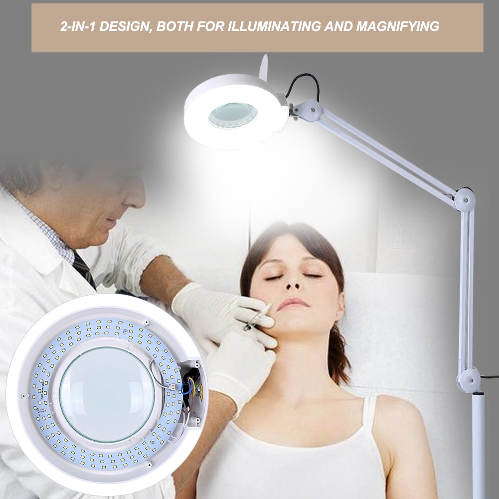 Lupa de 5 dioptrías con 5 aumentos con LED y Ruedas, luz para cosmetólogos, Laboratorios y Trabajos de precisión, 220-240 V, Color