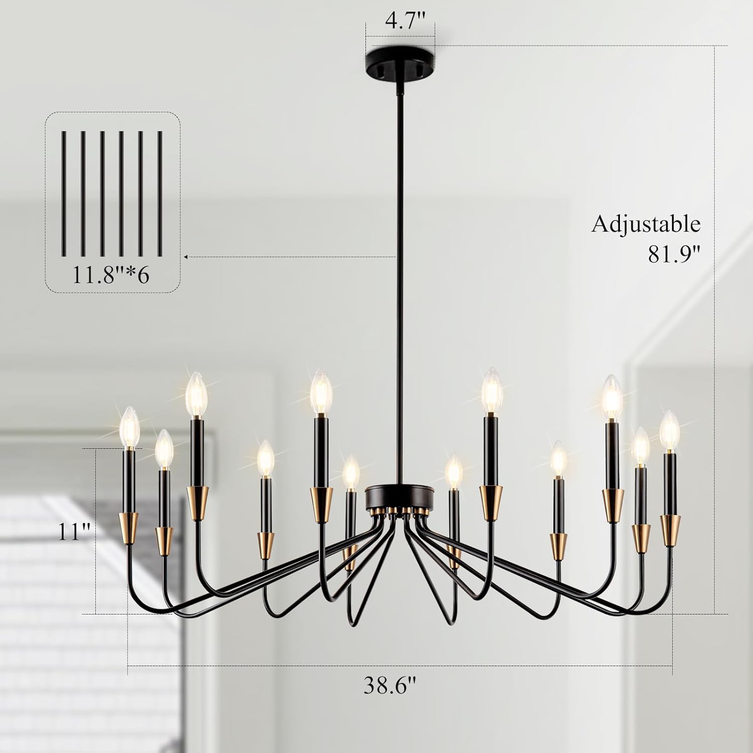 Black Chandeliers for Dining Room Modern Farmhouse Chandelier 38inch Candle Entryway Lighting 12-Light Black and Gold Dining Room Light Fixture Large Chandelier for Living Room Foyer Kitchen Island