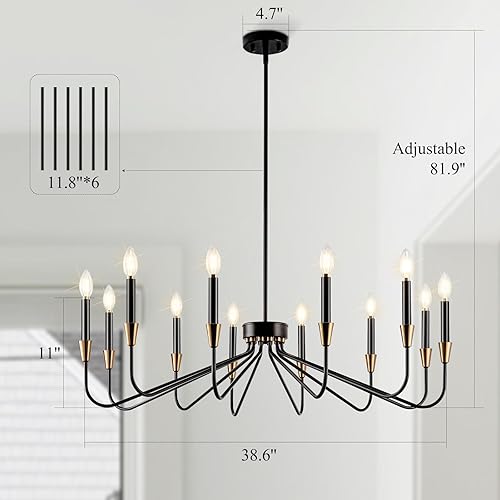 Miniatura 4 de Candelabros negros para comedor, lámpara moderna de 38 pulgadas, iluminación de entrada, 12 luces, color negro y dorado, lámpara de comedor grande