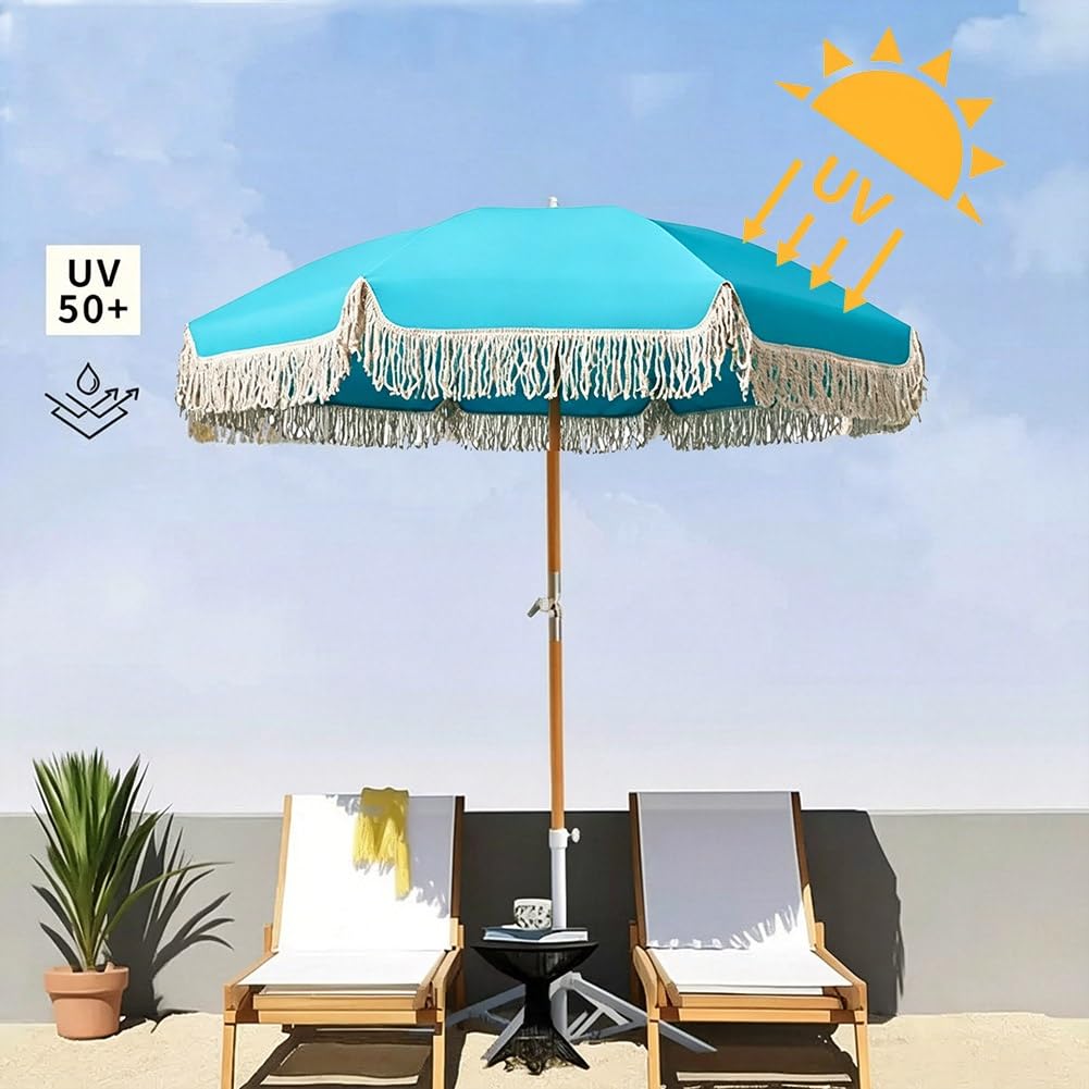 Parasol Ogrodowy w Boho z Frędzlami 200 cm, Przenośny Parasol Plażowy z Regulowanym Drewnianym Trzonkiem, 8 Żeberek z Włókna Szklanego