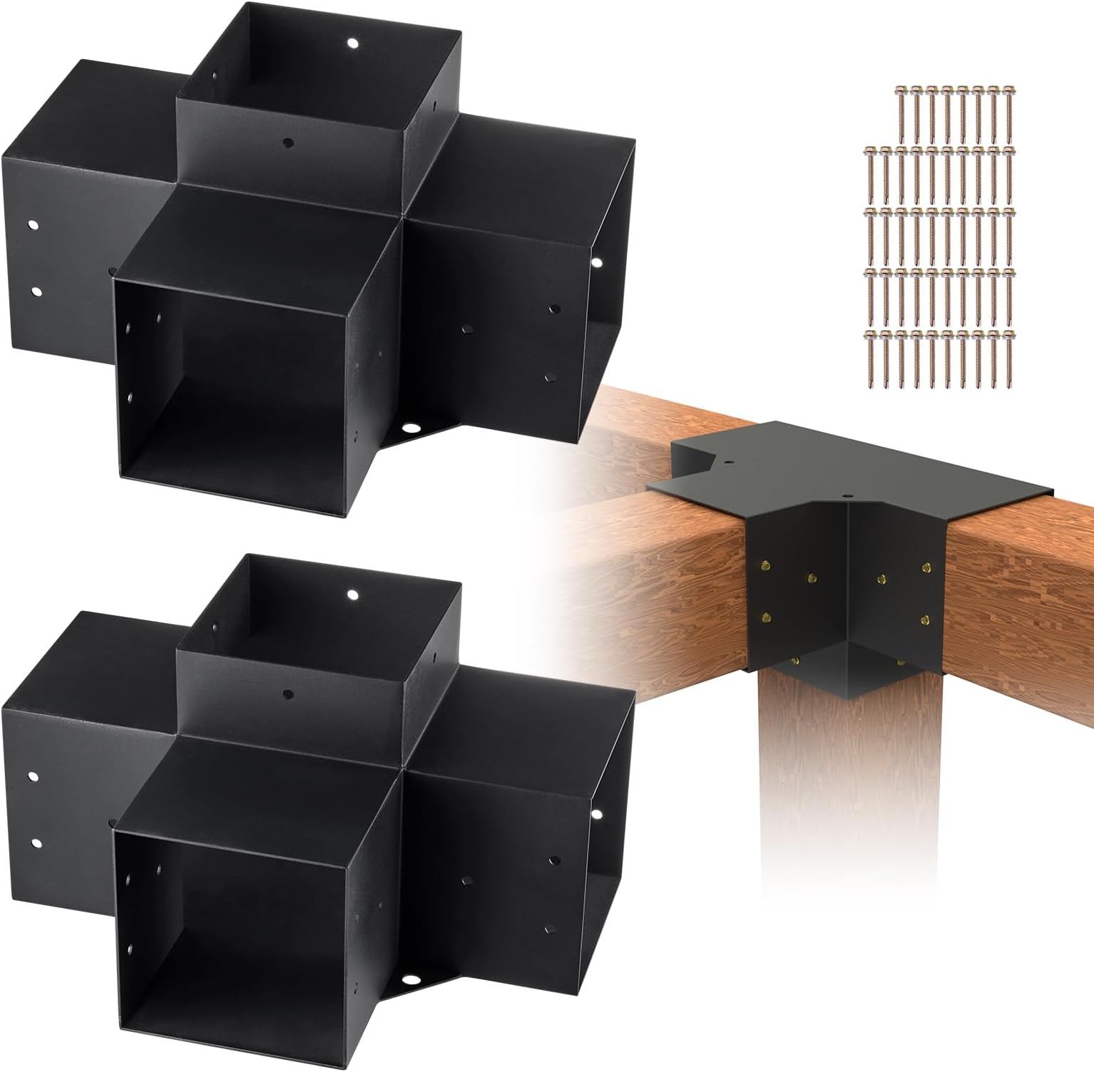VEVOR 4-Way Pergola Bracket Kit, 6"x6" 2-Pack Heavy Duty Corner Brackets for Wood Beams, DIY Post Base Hardware with Easy Installation for Outdoor Gazebo Patio Log Cabin