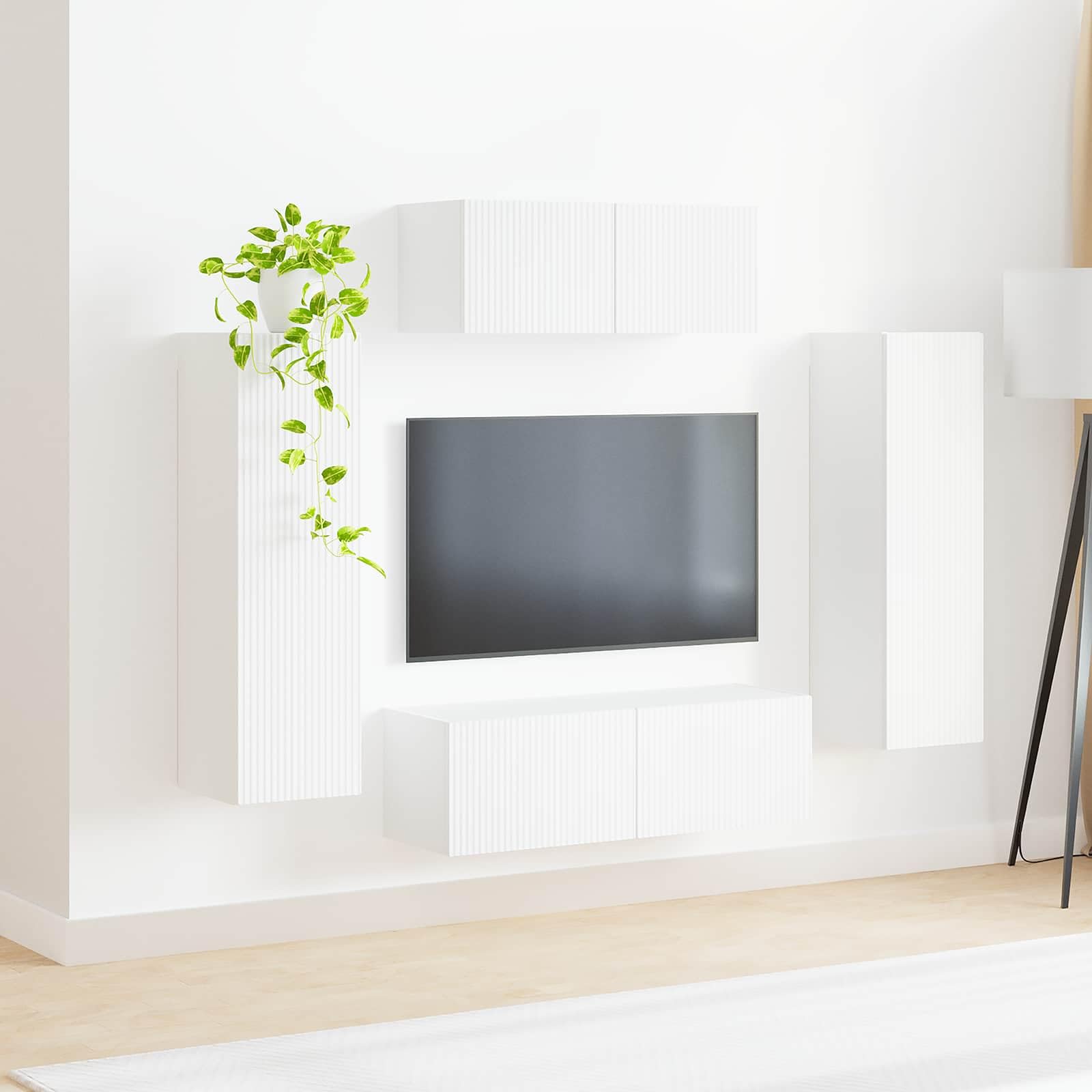 Zestaw szafek TV montowanych na ścianie, 3-częściowy, biały, materiał drewnopochodny, nowoczesny design do salonu, wszechstronne rozwiązanie do przechowywania, oszczędność miejsca