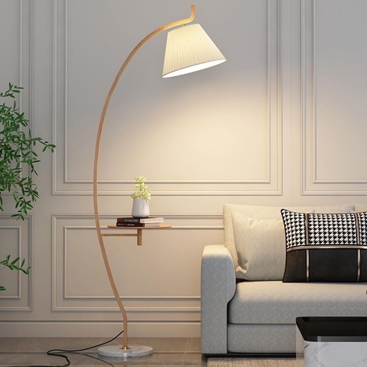 HGJHJJHK Arc Floor Lamp Nordic Wood Grain Tall Light Handmade Fabric Vertical Lamp with Marble Base Indoor Decoration Pole Lights Creative Standing Lamps with Tray for Living Room Tea Room