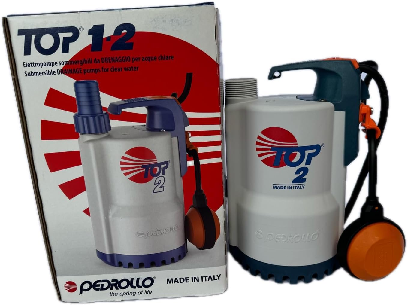 Sun mo tipetipe view of the Pedrollo TOP 2 Submersible Pump, highlighting the technical label.