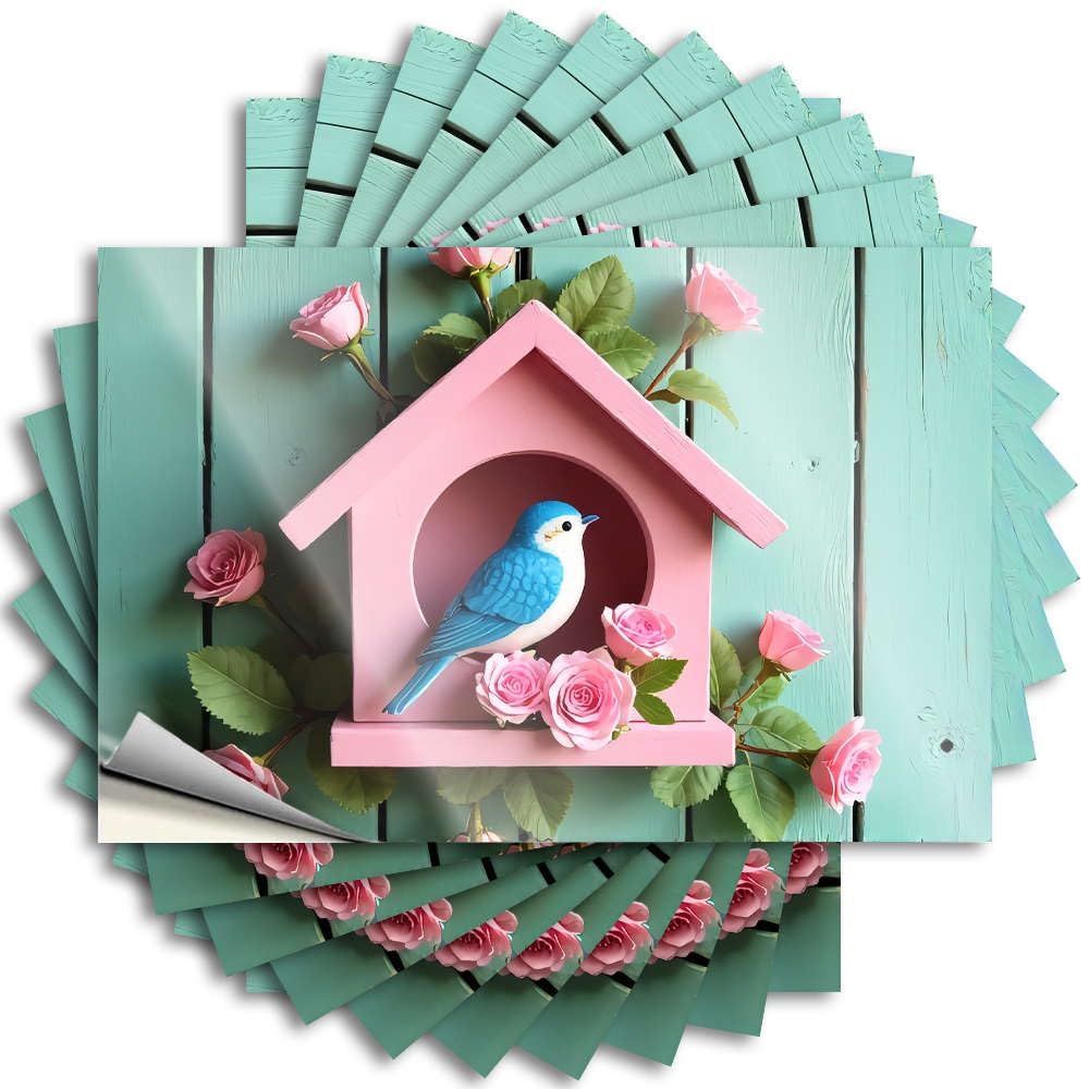 Sticker Bottle Optical Illusion A Blue Bird is Sitting in A Pink Birdhouse Surrounded By Pink Roses. for Teen - Home Bar Accessories Easy Peel Removable(8X12CM)
