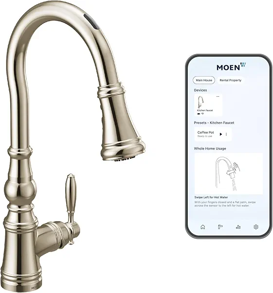 Moen Weymouth Polished Nickel Smart Faucet Touchless Pull-Down Sprayer Kitchen Faucet with Voice and Motion Control, S73004EV2NL
