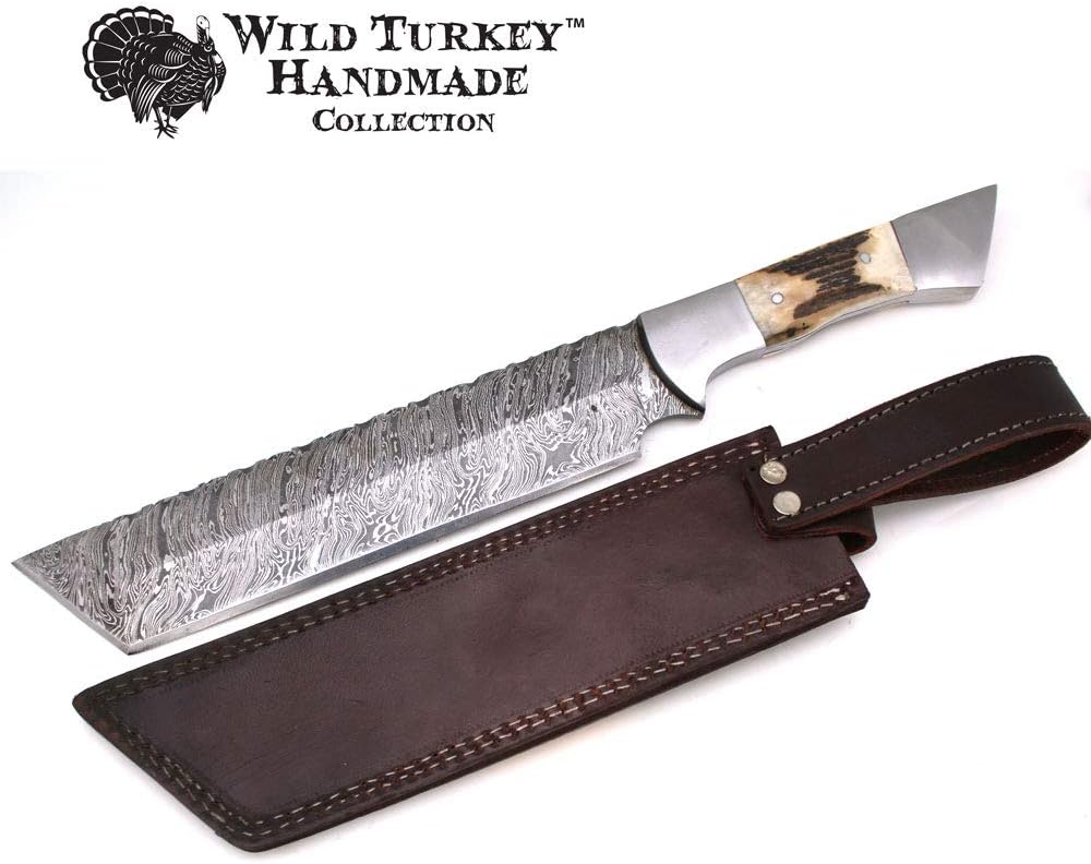Wild Turkey Handmade Damascus Steel Collection Full Tang Tanto Blade Fixed Blade Knife w/Leather Sheath Hunting Camping Fishing Outdoors Sharp Blade (Stag)