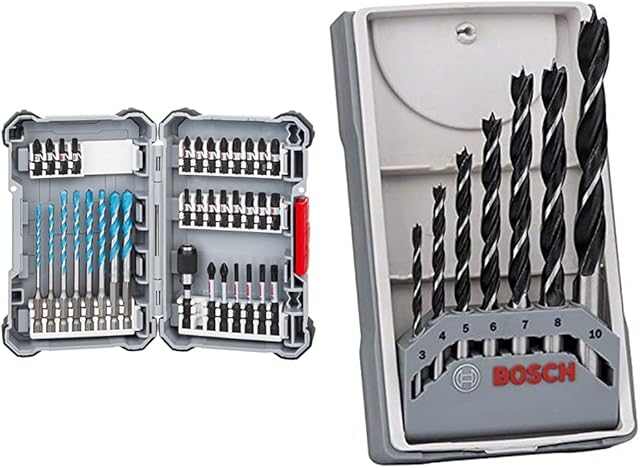 Bosch Professional 35-Piece Impact Control HSS Twist Drill Bit Set & 2607017034 Professional 7-Piece Robust Line Brad Point Drill Bit Set, Black/Silver, 45cm x 40cm x 25cm