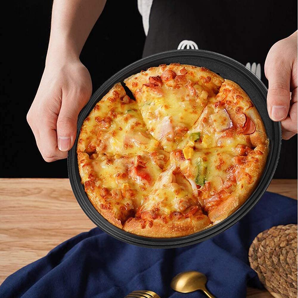 2 Pezzi Antiaderente Teglia per Pizza, Rotonda Teglia per Pizza, Acciaio al Carbonio Teglia per Pizza, Ottimo per Uso Domestico E per Feste, Utilizzato per Preparare Una Varietà di Pizze, Torte