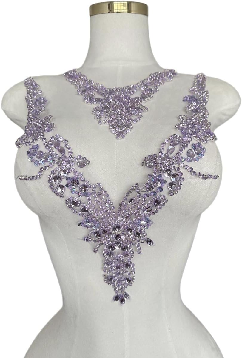 Pure Handmade Rhinestones lace Applique Accessories handsewing Beads Stones Trim Patches for Girl Wedding Dress 2PSC/Set (Violet)