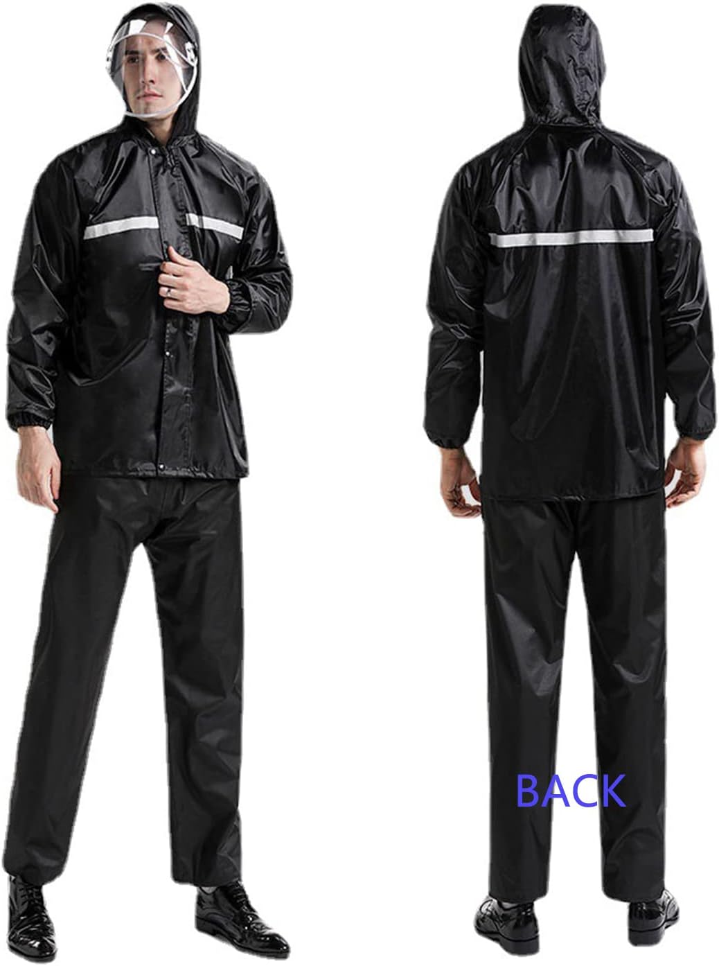 MAHEWork Wear Rain Suit Jacket and Trouser Set for Men/Women, Outdoor Waterproof Windproof Hooded Rainwear with Double Brim Night-Light Bars Raincoat Rain Gear
