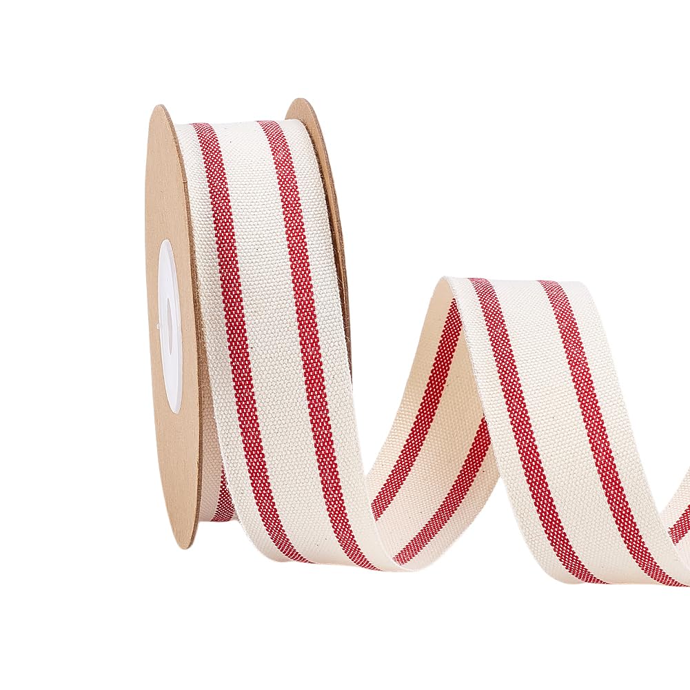PH PandaHall 9m Red White Cotton Ribbon 2.5cm Christmas Stripe Fabric Ribbons Farmhouse Ribbon Cotton Webbing Trim Roll Sewing Ribbons for Gift Wrapping Wedding Home Decor DIY Crafts Bouquet