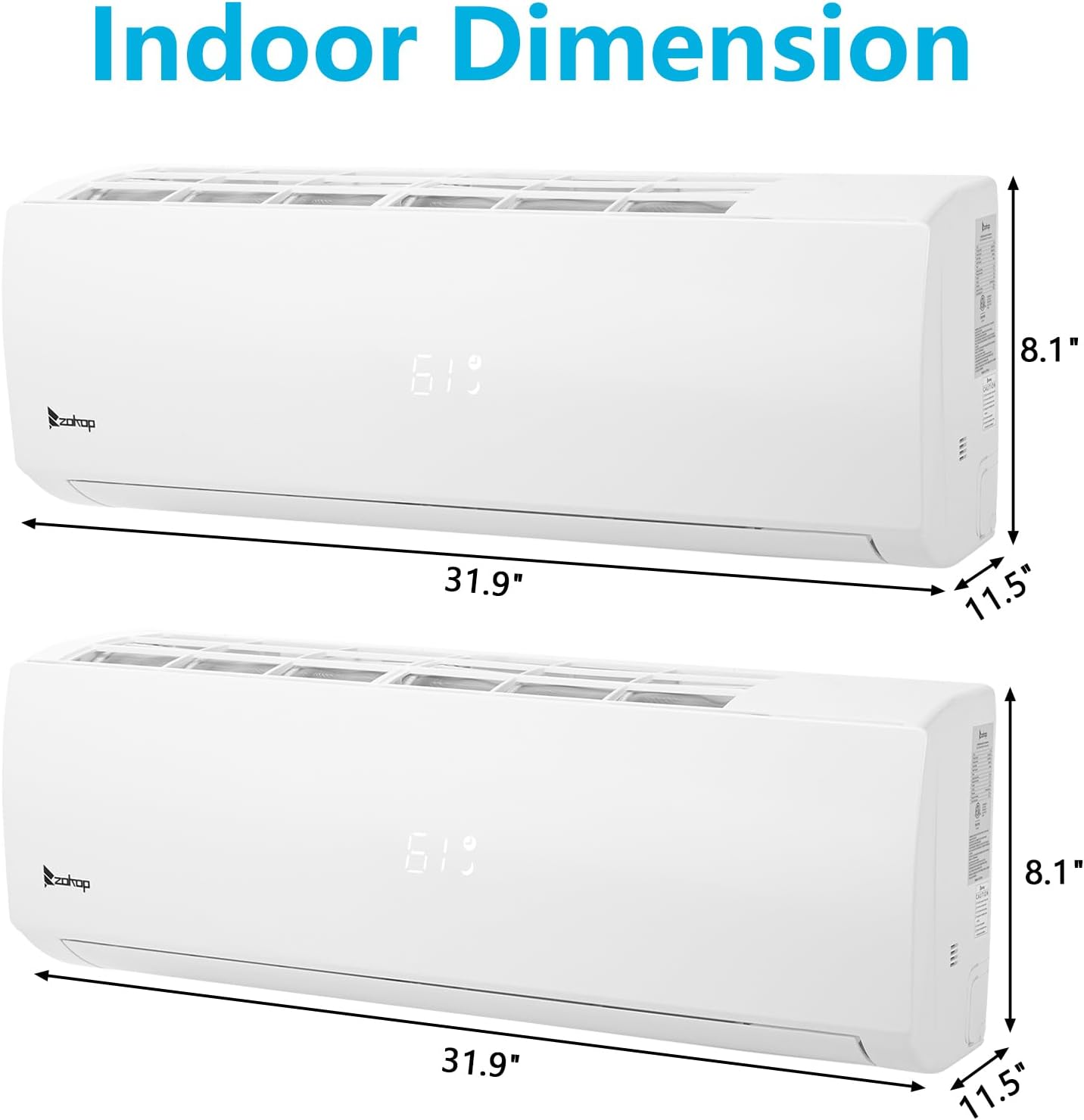 Diagram showing the contents of the Winado mini split package, including two indoor units, two remote controls, screws, instruction manuals, one outdoor unit, rubber feet, copper line sets, drain hoses, signal cables, wall covers, sealing gum, drain joints, tape, and liner sleeves.