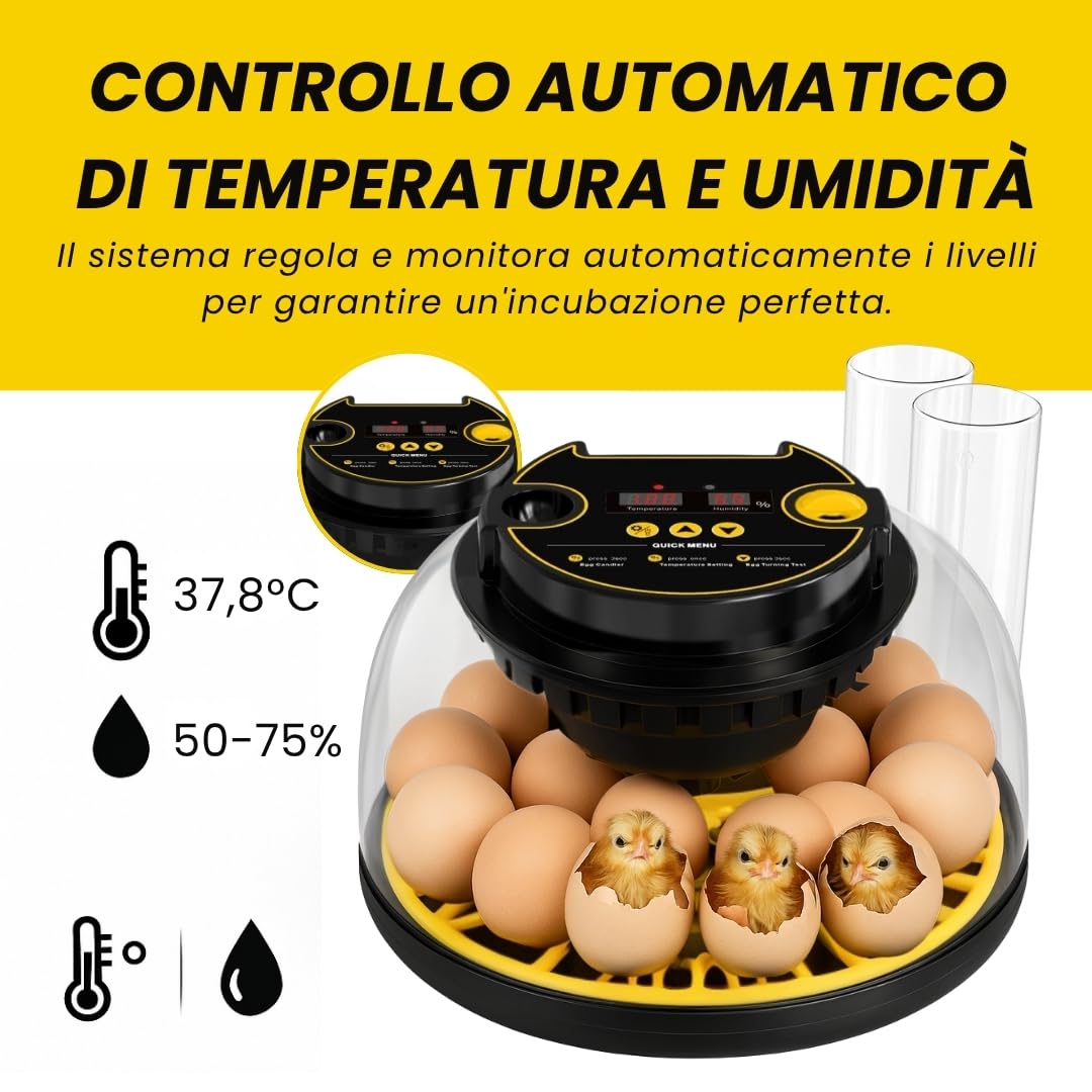 INCUBATRICE AUTOMATICA per Tutti i Tipi di Volatili |12-16 uova|controllo di temperatura, umidità e girauova|include calendario,mangiatoia,abbeveratoio e guida|senza batteria,alimentazione di rete 35W