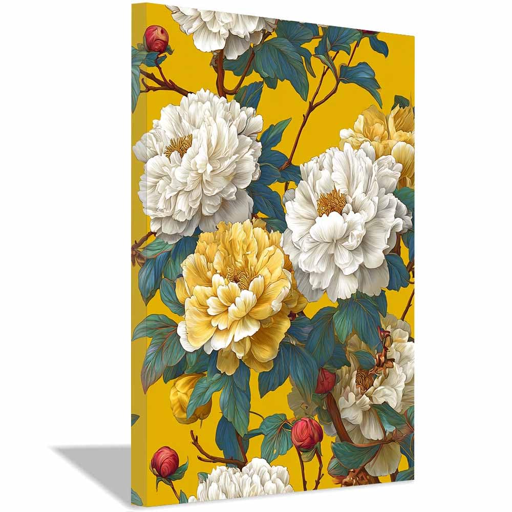 Hoqiu Multicolor Botanical Prints Yellow Background Peony Art Artwork, Wall Decoration Living Room Bedroom Hallway Stairs Decoration.(Multicolor)-70X100cm Framed