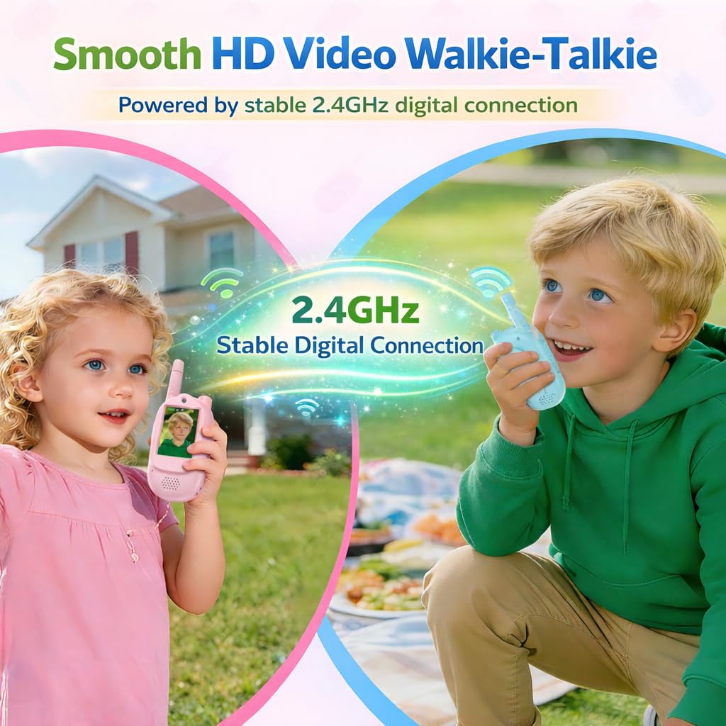 Talkie walkie vidéo pour Enfants, Cadeau pour Les garçons et Les Filles à partir de 3 Ans, Talkie-walkie Rechargeable, Jeux et Jouets pour Enfants, Coloris Rose et Bleu