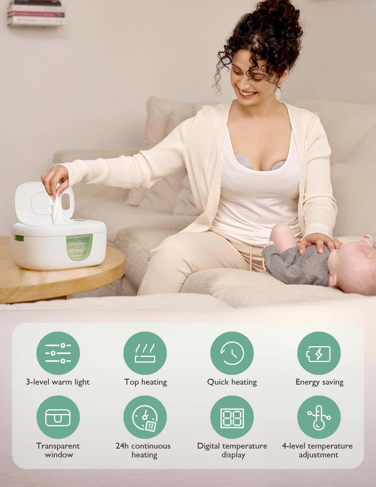 Momcozy Chauffeur de Lingettes Bébé – Design à ressort, grande capacité, chauffage rapide uniforme, 4 températures et veilleuse