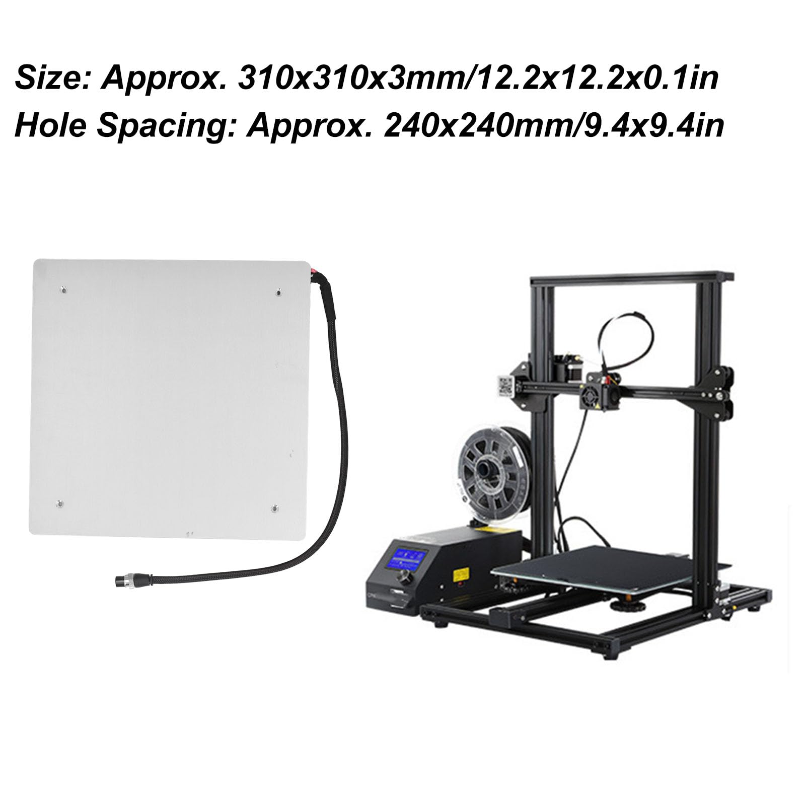 Heizbett für 3D-Drucker, Heizbett aus Aluminiumlegierung, 310 X 310 Mm, 12 V, 220 W, Schnelle Erwärmung auf 50 ℃ in 70 Sekunden, mit 50 Cm Kabel und Isolierpad für CR10 CR10S