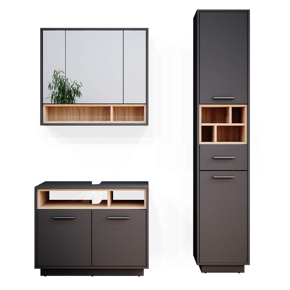 Vicco Set mobili bagno Beatrice, Antracite, 80 cm, composto da mobile sottolavabo, specchiera e colonna alta